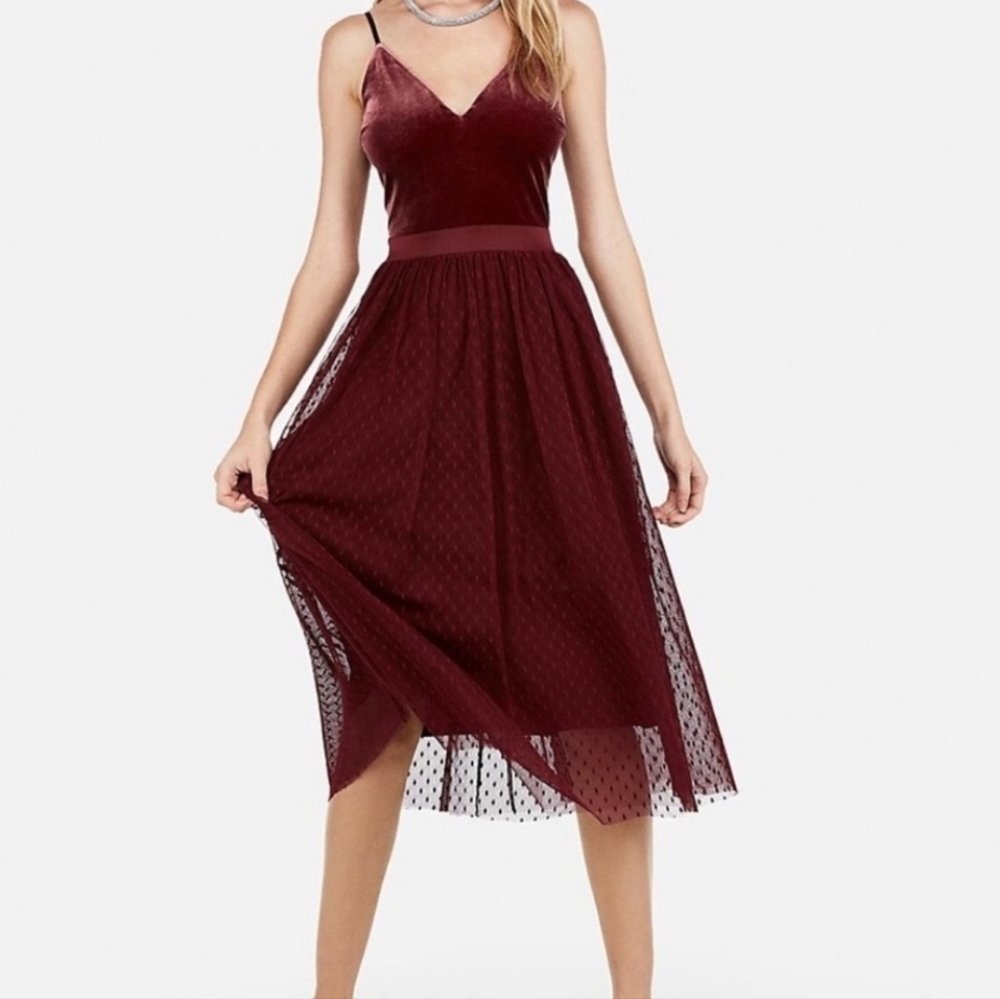Express Tulle & Velvet Bodice Dress Merlot/Deep Red Holiday NEW S - Picture 2 of 7